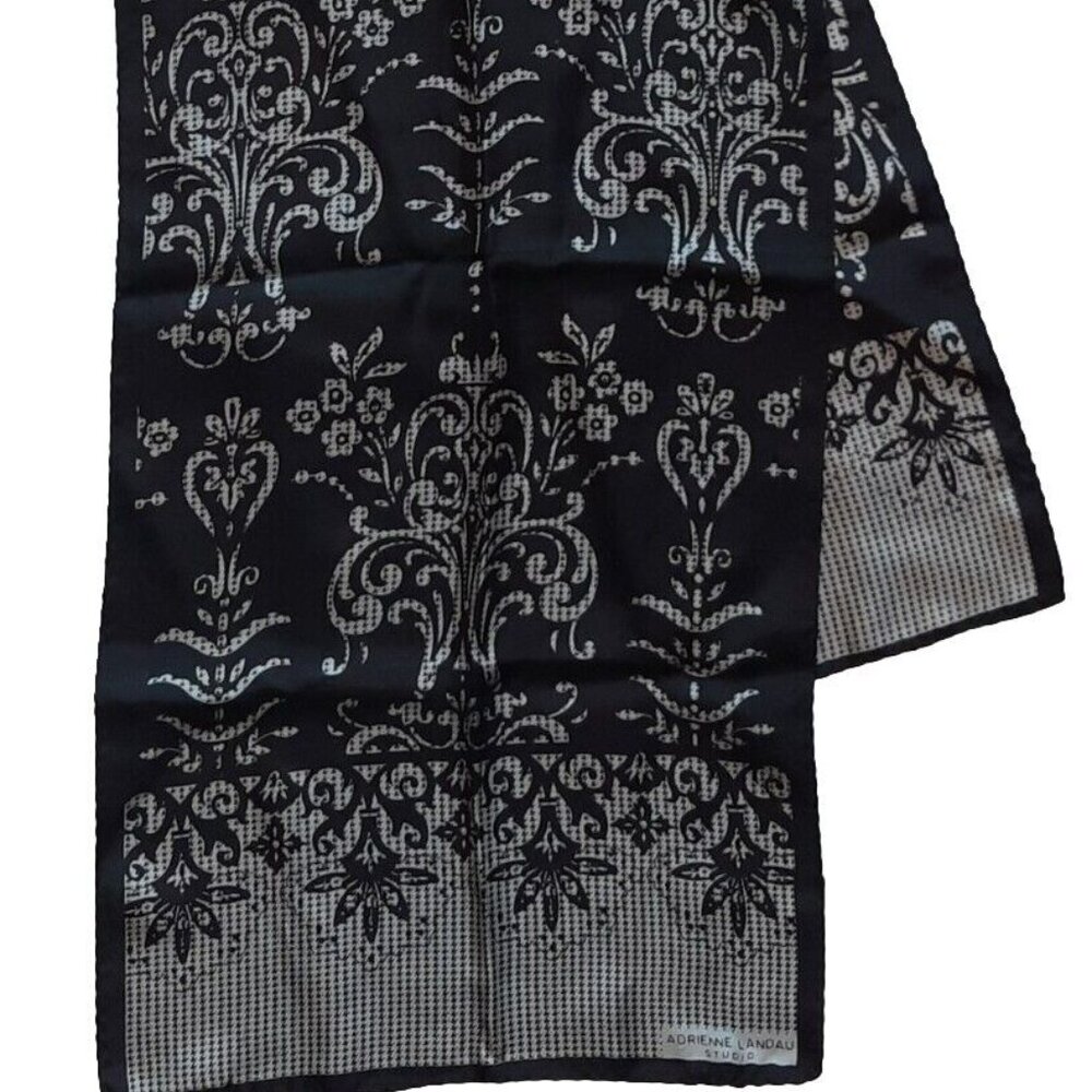 ADRIENNE LANDAU Studio Black/Silver 11"x53" Long 100% Silk Scarf - FAST SHIP